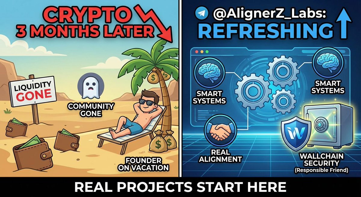 VasiiLisaa's tweet image. Bro trust me this project is different.
Also crypto 3 months later:&amp;gt;&amp;gt;&amp;gt;&amp;gt;
Liquidity gone. 
Community gone. 
Founder on vacation. 🏝️😭

That is exactly why @AlignerZ_Labs feels refreshing. 
No fake hype no rushed launches just smart systems, real alignment and long term thinking.…