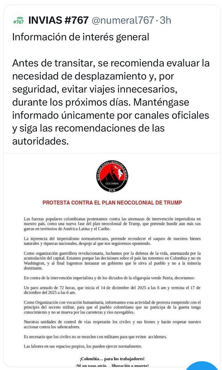 Es de absoluta gravedad que <a href="/numeral767/">INVIAS #767</a> publicite comunicados de prensa del ELN.

Pero es todavía más grave que el Estado se arrodille ante los paros armados de la guerrilla.

¿Cuándo se normalizó esta salvajada?

Desde la Cámara de Representantes llegaremos a revisar esto.