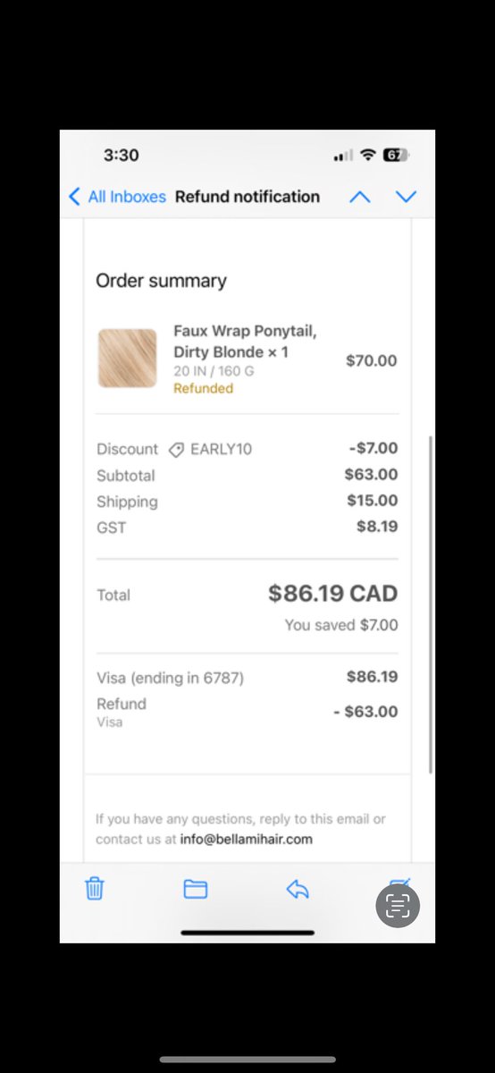 chelseylos's tweet photo. @BellamiHair I recently returned an item that cost me $86 and was told my refund would only be $63, however I only received a $39 refund on my visa. Your customer service is not helping me and takes days to respond. Can someone please fix this?! https://t.co/8FGhSXI1YW