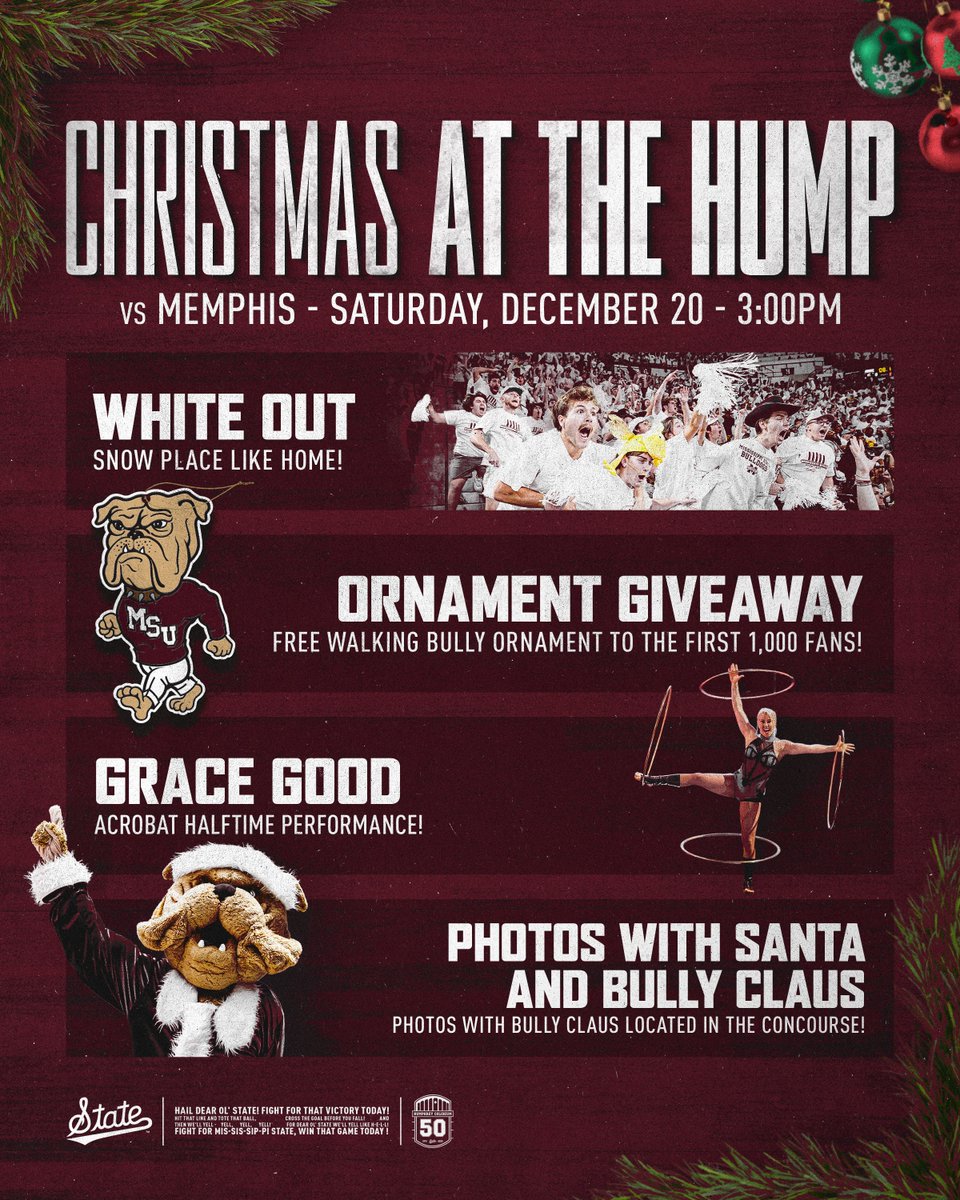 𝙎𝙏𝙐𝘿𝙀𝙉𝙏𝙎 ‼️

Christmas In The Hump continues! Claim your student tickets and join us for special holiday promotions and ARRIVE EARLY for the chance to receive unique ornaments at each game this week!

🎟️:  hailst.at/3MDmDLS

#HailState