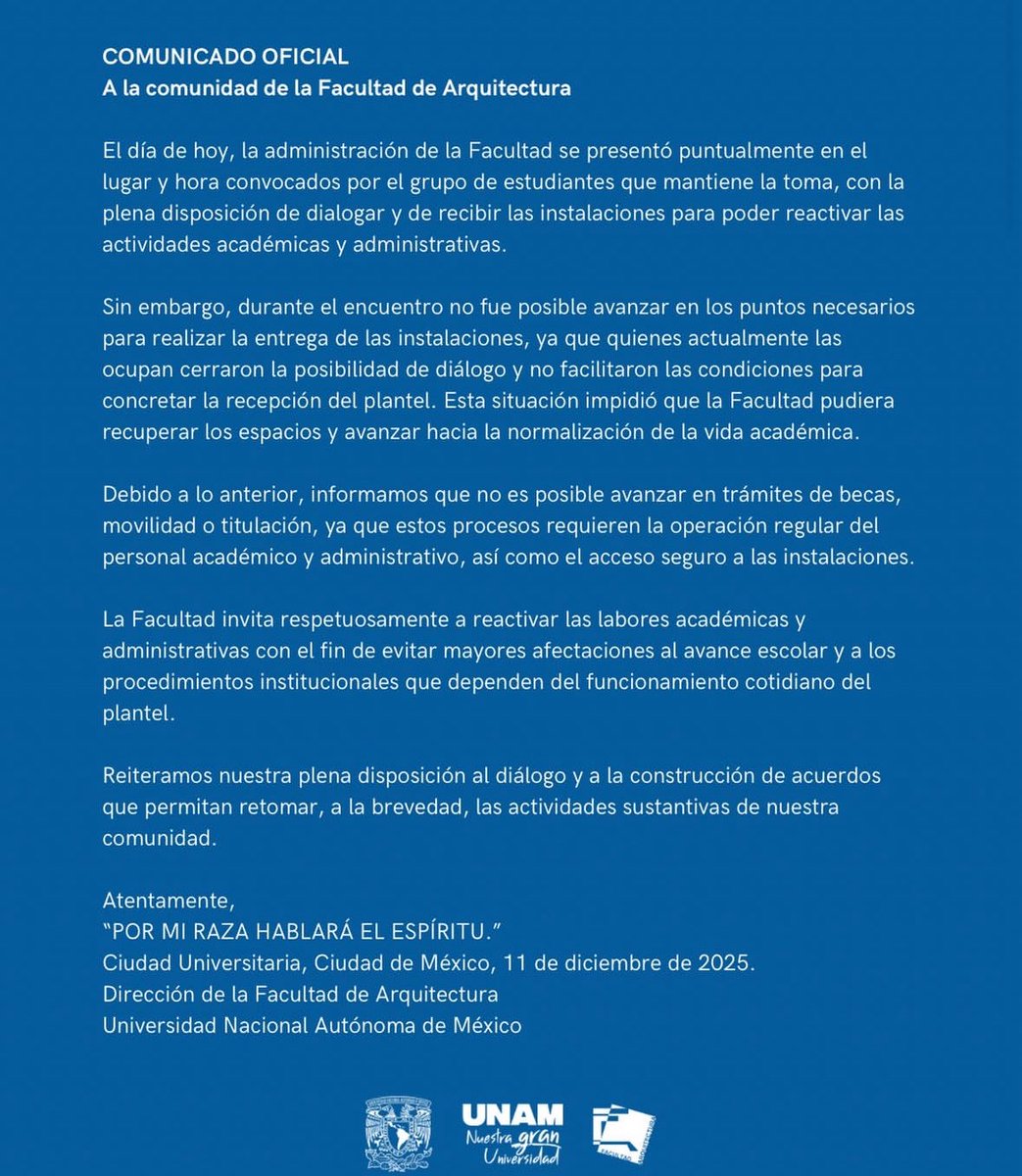 En el inicio del periodo vacacional, la Facultad de Arquitectura de la <a href="/UNAM_MX/">UNAM</a> informó que asumió la custodia de instalaciones abandonadas. 

El paro en el plantel inició el 13 de octubre. 

⬇️