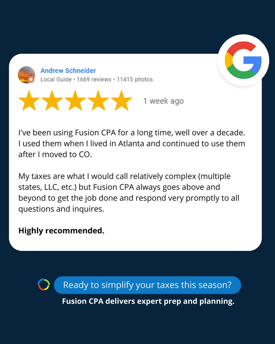 FusionCPAs's tweet photo. Thrilled to share this fantastic Google review from a satisfied client! Their feedback shows how Fusion CPA delivers reliable tax expertise and peace of mind.⭐

Grateful for trust like this. Ready to tackle your taxes this season? https://t.co/rvgc73c7E9