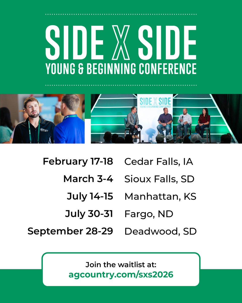 AgCountry's tweet image. Mark your calendars—our Side X Side conference series will be hosted in more locations in 2026.

Here's what producers can expect while attending the conference:

✅ An action-packed 24 hours of learning, each session focused on strengthening business skills and positioning…