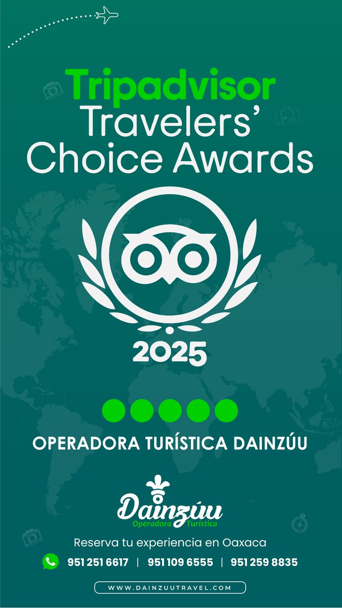 DainzuuT's tweet photo. ¡Con muchísimo orgullo lo compartimos! Operadora Turística Dainzúu es ganadora del premio Travellers’ Choice 2025. Este reconocimiento de Tripadvisor se otorga a las experiencias mejor calificadas por viajeros de todo el mundo, Gracias a cada viajero que nos eligió. https://t.co/Hm3zbkiPWE