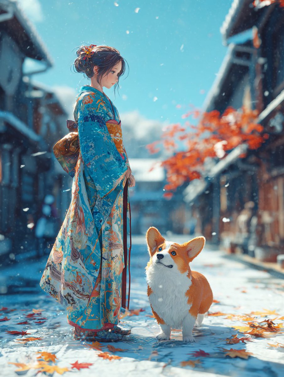 【青の道、君を連れて】

雪はまだ降り方を覚えたてで、空からためらいがちに落ちてきていた。
青い着物の少女は、石畳の真ん中で足を止め、隣に立つ小さな相棒を見下ろす。

「寒くない？」