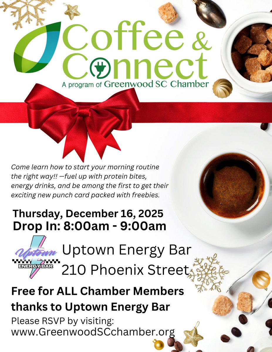 ☕✨ Coffee &amp; Connect is TOMORROW! ✨☕

Join us at Uptown Energy Bar for networking, morning bites, energy drinks &amp; their new punch card reveal!

📅 Dec 16
⏰ 8–9 AM
📍 210 Phoenix St

FREE for Chamber Members.