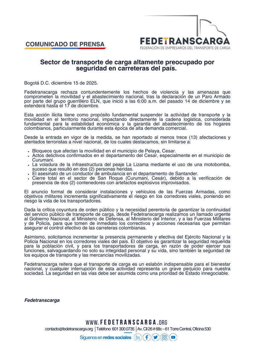 fedetranscarga's tweet photo. 📌📄 Comunicado de Prensa:  #Fedetranscarga exige medidas urgentes de seguridad tras graves amenazas del ELN al sector transportador.

@RevistaSemana @larepublica_co @elespectador
@cargapesadacol @Portafolioco @ELTIEMPO
@CaracolRadio @lafm @WRadioColombia
@rcnradio @CaracolRadio #Transporte #ParoArmado #ParoNacional
