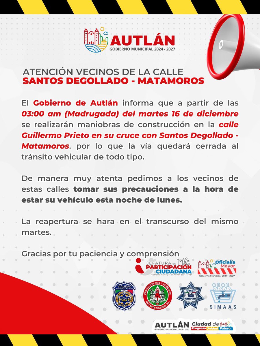 🚧 #AvisoALaCiudadanía
Por trabajos de construcción, el cruce de Guillermo Prieto entre Santos Degollado y Matamoros estará cerrado desde las 3:00 a.m. del martes 16 de diciembre.
La vialidad se reabre el mismo día.
#Autlánmejor