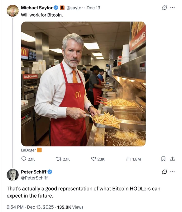 🔴COINTELGRAPH: "Michael Saylor pronto a lavorare da McDonald's per $BTC: Peter Schiff risponde, chi ha ragione?"
