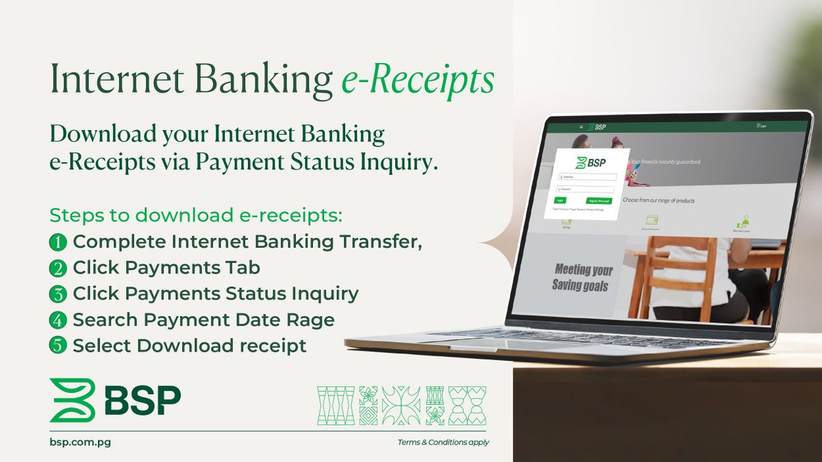 BSP PNG | Internet Banking Update

Internet Banking customers can now conveniently access their e-Receipts directly within the platform. Please note that receipts are no longer automatically displayed after payment. Refer to the flyer below for step‑by‑step instructions on how to