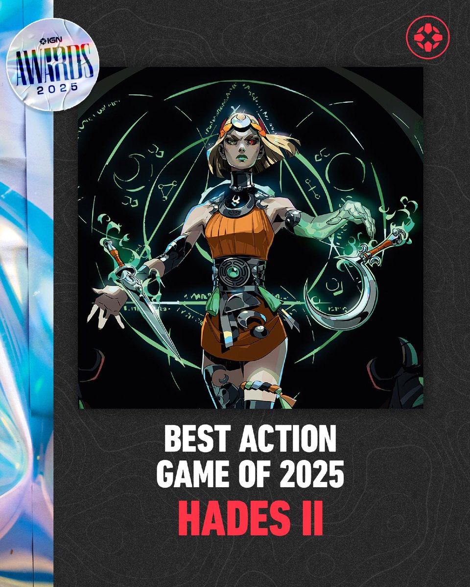 IGN's tweet image. Hades 2 is quite simply one of the most well-rounded games we’ve played this year. From its combat and story to its amazing soundtrack, it hits on every single front, which is why it’s our pick for Best Action Game of 2025. bit.ly/44un01d 

#IGNAwards