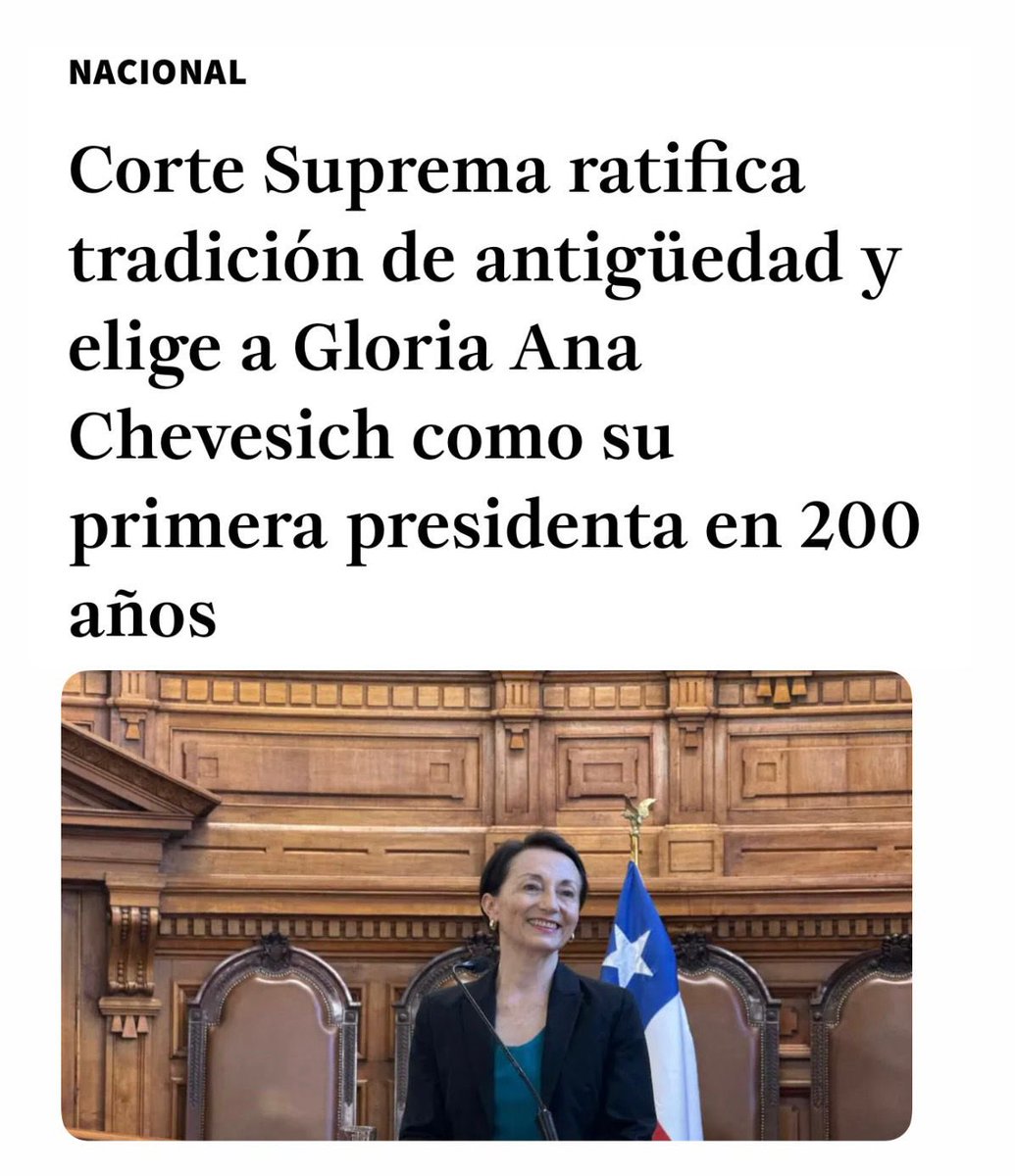 evelynmatthei's tweet photo. Una mujer seria, inteligente y proba. El nombramiento de Gloria Ana Chevesich como la primera mujer presidenta de la Corte Suprema es un hito para Chile y una señal potente de mérito y trayectoria. Su carrera habla por sí sola: rigor e independencia. Mi admiración y mejores deseos en este desafío.