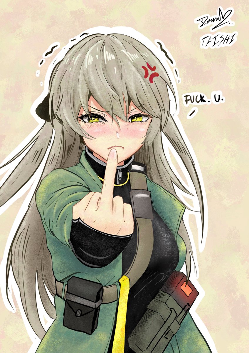 TaishiGotanda's tweet photo. How I presume Lainie would react if told it will be at least another month before she can join her sisters. 

(Please Mica send her next)

My coloring of @DemmoMichel’s sketch

#少女前线
#ドルフロ
#소녀전선
#GirlsFrontline
#UMP40 https://t.co/aQpMNnnlv7