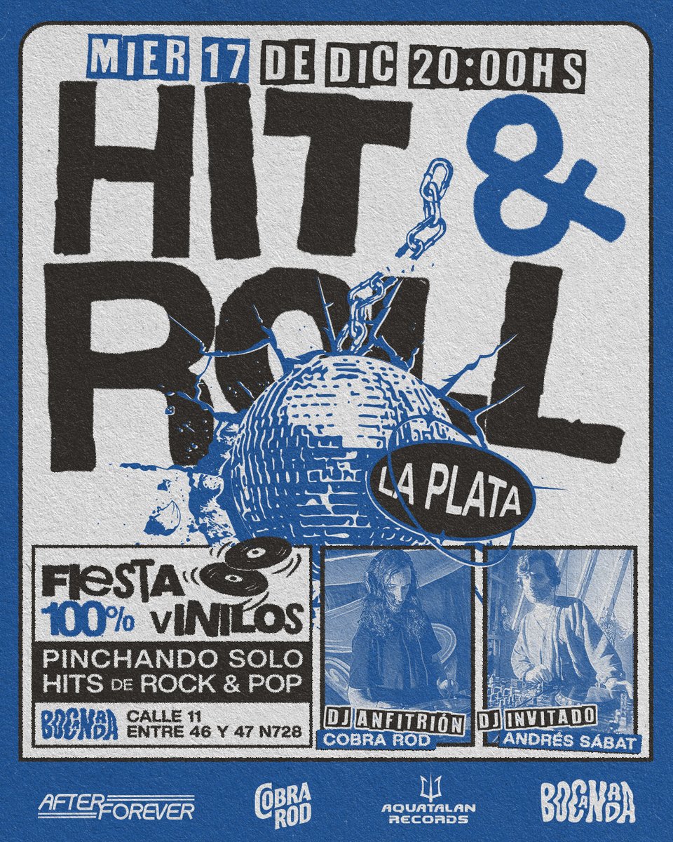 Miércoles 17/12 primera edición en La Plata de la fiesta Hit &amp; Roll con <a href="/cobraxrod/">Cobra Rod</a> y Andrés Sábat pinchando solo hits de rock y pop en vinilo para danzar extasiadamente, desde las 20 hs en Bocanada, ingreso libre y gratuito