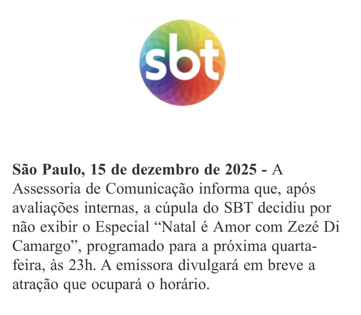 erlan_bastos's tweet image. 🚨AGORA! SBT cancela exibição de Zéze Di Camargo no especial de natal!