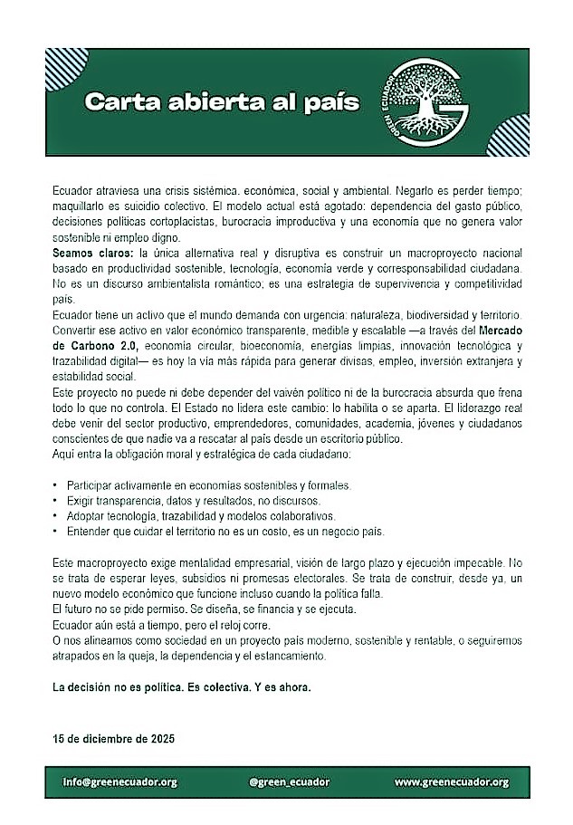Carta abierta al país
<a href="/Presidencia_Ec/">Presidencia Ecuador 🇪🇨</a> 
<a href="/DanielNoboaOk/">Daniel Noboa Azin</a> 
<a href="/inesmanzano/">Ines Manzano</a> 
<a href="/teleamazonasec/">Teleamazonas</a> 
<a href="/Expresoec/">Diario Expreso</a> 
<a href="/eluniversocom/">El Universo</a> 
<a href="/tctelevision/">TC Televisión</a> 
<a href="/ecuavisa/">Ecuavisa</a> 
<a href="/lacamaradequito/">Cámara de Comercio de Quito</a> 
<a href="/lacamaragye/">Cámara de Comercio de Guayaquil</a> 
<a href="/cccuenca/">Cámara de Comercio de Cuenca</a> 
<a href="/USFQ_Ecuador/">Universidad San Francisco de Quito</a> 
<a href="/espol/">ESPOL</a> 
<a href="/PUCE_Ecuador/">PUCE Ecuador</a> 
<a href="/UdeGuayaquil/">Universidad de Guayaquil</a> 
<a href="/asobancos/">Asobanca</a> 
<a href="/mariasolborja/">María Sol Borja</a> 
<a href="/lahistoriaec/">LaHistoria</a>