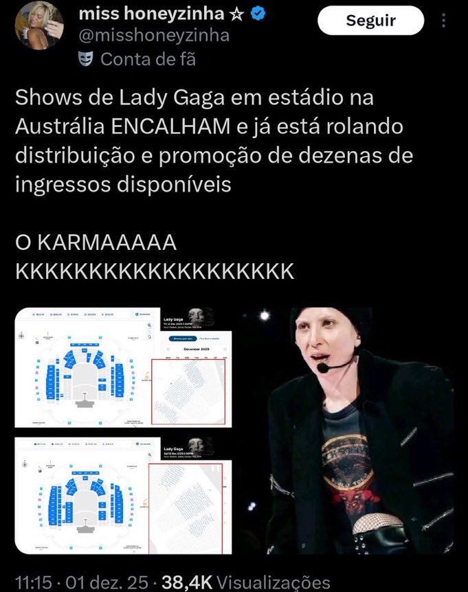 gagaccendio's tweet image. “Lady Gaga alcançou o MAIOR boxscore de sua carreira com dois shows em Sydney, na Austrália, arrecadando US$ 27,4 MILHÕES no total.”
