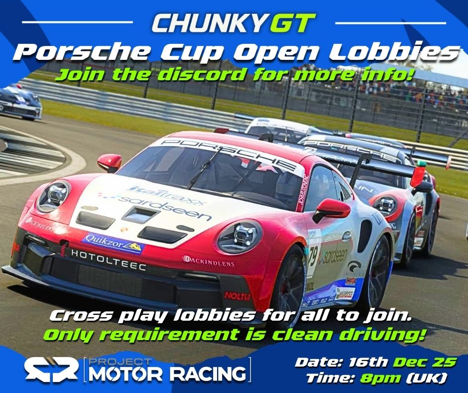 Tomorrow we are back to open lobbies on Project Motor Racing and this week it is the Porsche Cup

All welcome as long as you drive clean.

Discord: discord.gg/3trgyVV8NG