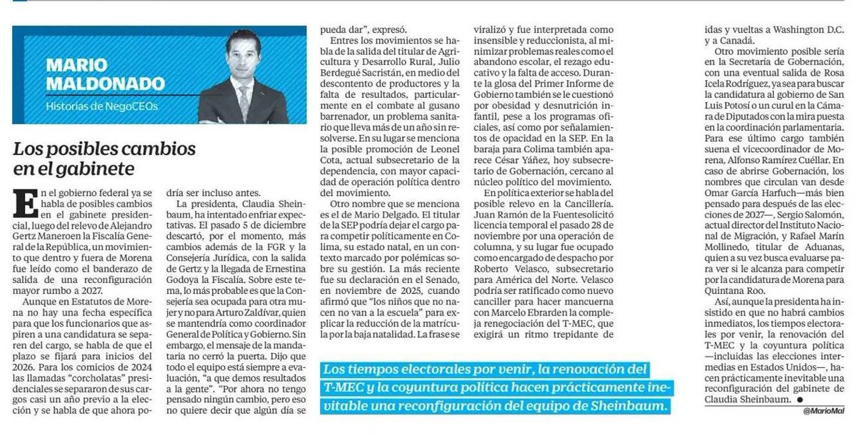 ArturoJH's tweet photo. Aunque ha insistido en que no habrá cambios inmediatos, los tiempos #electorales por venir, la renovación del #TMEC y la coyuntura política —incluidas las elecciones #intermedias en #EEUU—, hacen prácticamente inevitable una reconfiguración del #gabinete de #Sheinbaum. @MarioMal https://t.co/p2O3FCUPBm