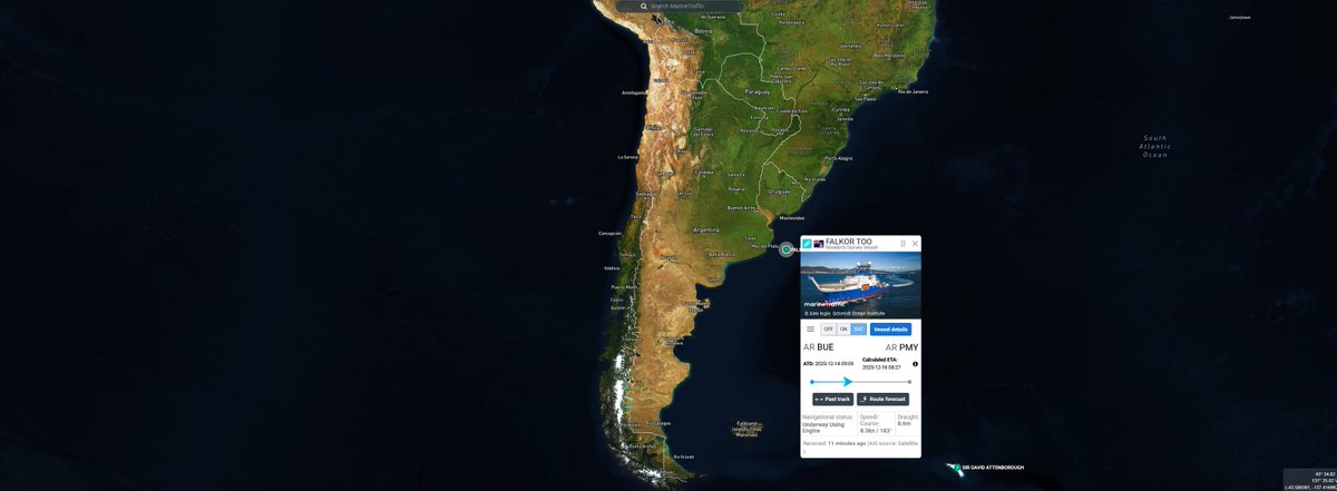 #RVFalkorToo Here is a look at Falkor Too's track Southward off Argentina.