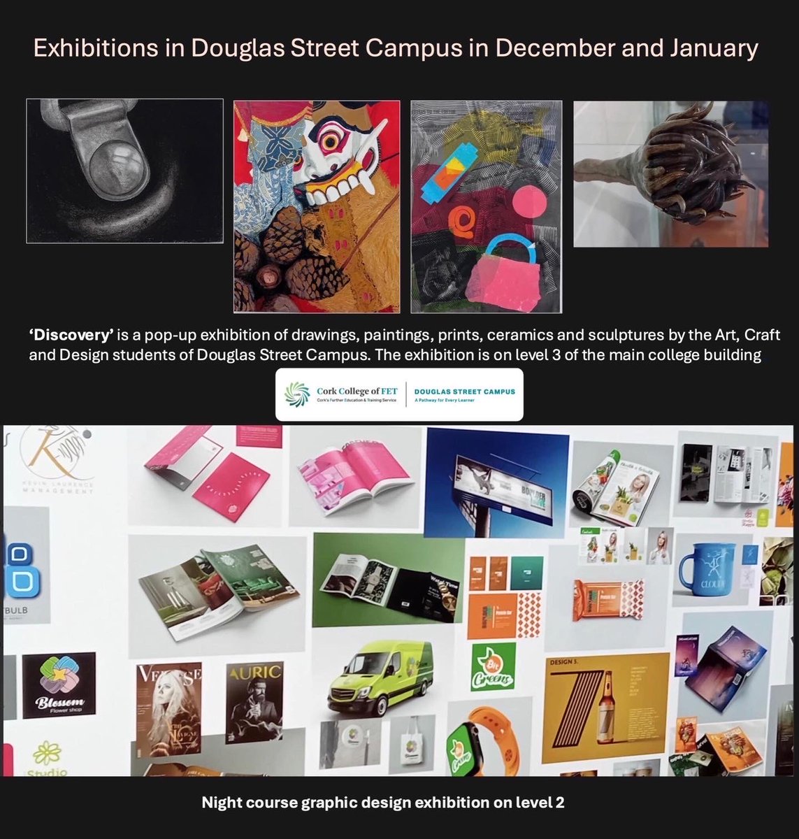 DouglasSt_CCFET's tweet image. Thanks to all our teachers who have put up a series of pop-up exhibitions for December &amp;amp; January at Douglas Street Campus. #freeentry #learningisfun #exhibitions @CorkETB @ThisisFet @QQI_connect @dsctextiles @DSC_Erasmus @elmarie96 @torban69 @corkdfas @Instgc @corklearning #FET