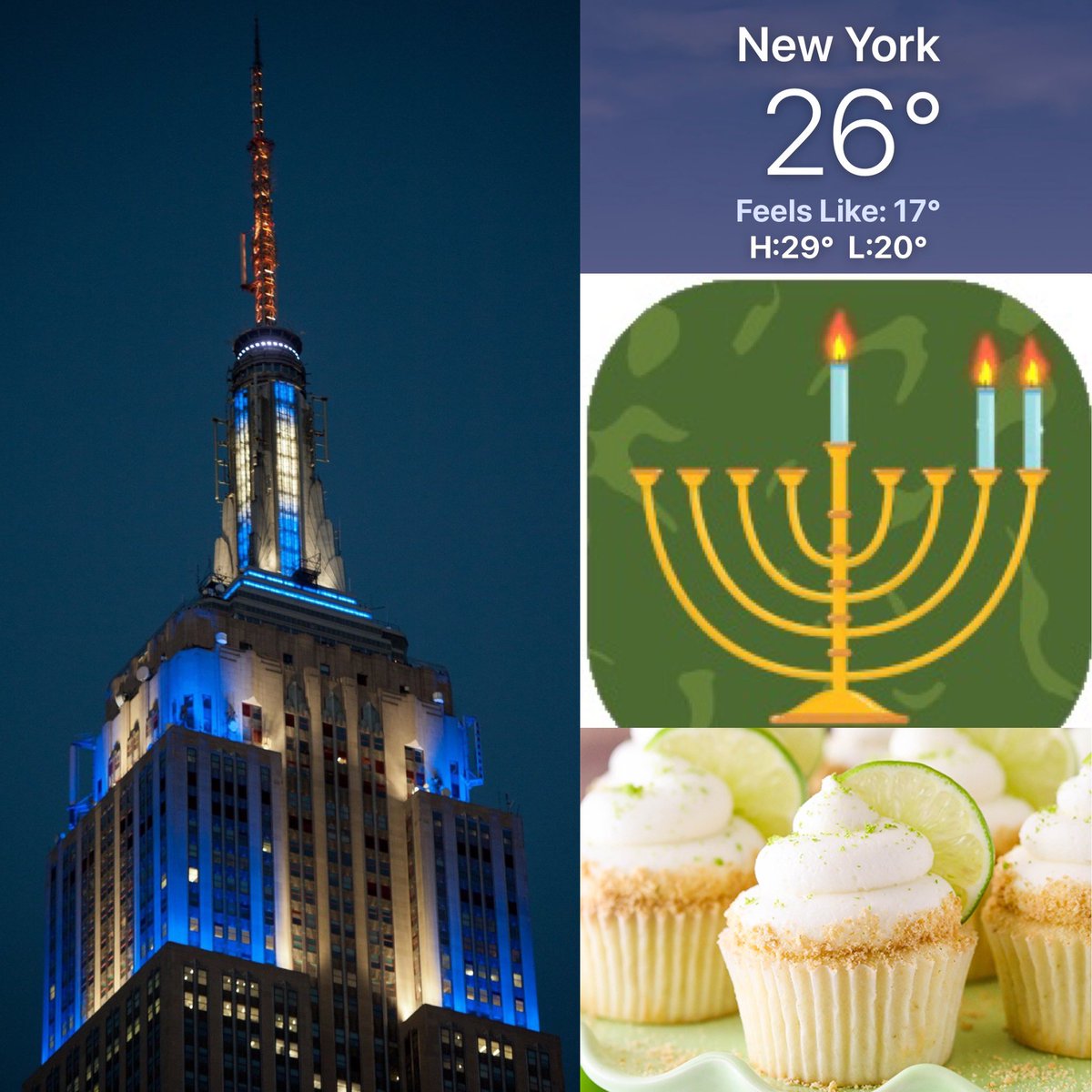 CorinnePulitzer's tweet photo. Sunset was at 4:29PM on this bone-chilling Monday in #NYC with more very cold temps in tomorrow’s forecast! The @EmpireStateBldg is lit in celebration of #Hanukkah as #CakeFans enjoy #NationalCupcakeDay🧁@NationalDayCal @NY1weather @HeyWhatDay @DiningGuide2Day https://t.co/SCN94BbCku
