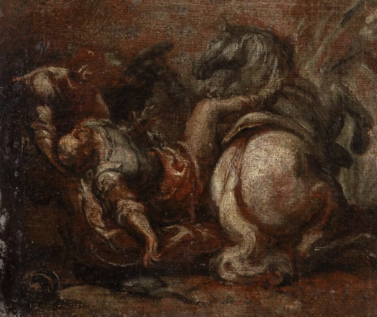 Vendido en Madrid por 3.500€ frente a los 900€ inicialmente pedidos, este anónimo de ESC ESPAÑOLA S.XVII "Escena de batalla a caballo" O/lienzo 33,5 x 25,5 cms. Esa preparación rojiza podría ser la de un boceto de Escuela Madrileña para una caída de San Pablo camino de Damasco