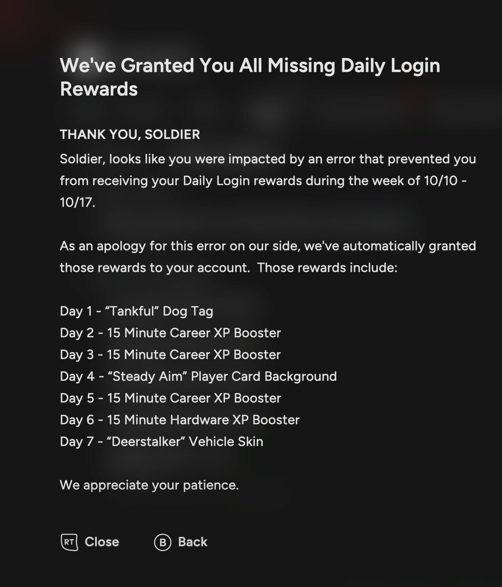 Check your #Battlefield6 in-game inbox messages for the missing daily login rewards that have now been granted 🎁.