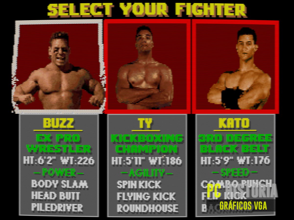 PC__Historia's tweet photo. 🥊 #PitFighter (#AtariGames, 1990)  tuvo un port para #PC #DOS realizado por Oxford Mobius. Famoso #arcade de lucha en los 90, con gráficos digitalizados de luchadores reales y FX de zoom. Elige a Buzz, Ty o Kato y supera los combates y revanchas hasta retar a Masked Warrior. https://t.co/J5ssFPzQST