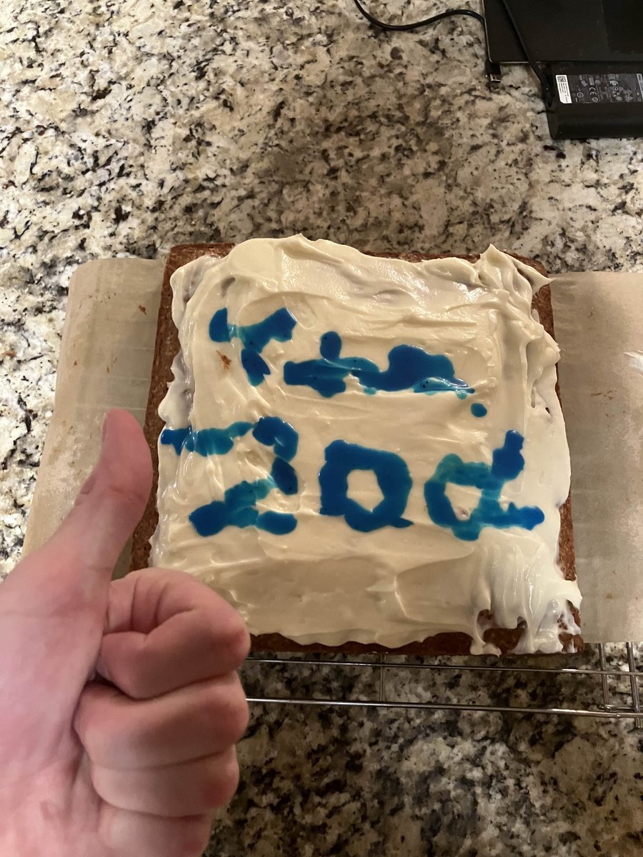 Cake from the baking stream yesterday! Thanks for 200! I promise the cake tastes much better than it looks, writing with glaze is hard...