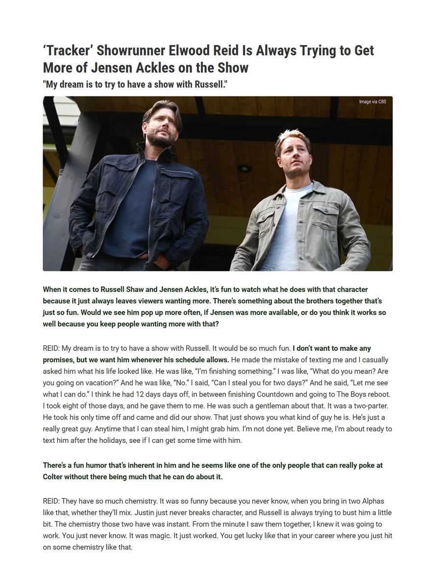 #Tracker showrunner Elwood Reid is Always trying to get more of #JensenAckles on the show.

🔗collider.com/tracker-season…