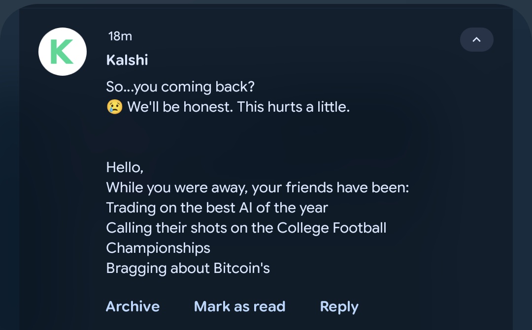 VersatileTea41's tweet image. Truly low life behavior from @Kalshi  emotional play really. You are a predatory gambling abuser using systemic loopholes to claim your not really gambling. I wouldn't have used @RobinhoodApp  prediction markets if I knew it was kalshi 😭 "this hurts a little"