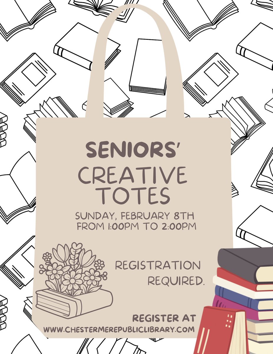 Join us for a fun crafting session to embellish and personalize your own fabric tote bag. Create in a relaxed, social atmosphere and leave with a personalized bag perfect for library visits. No experience required.
Registration required.
chestermerepubliclibrary.com/events