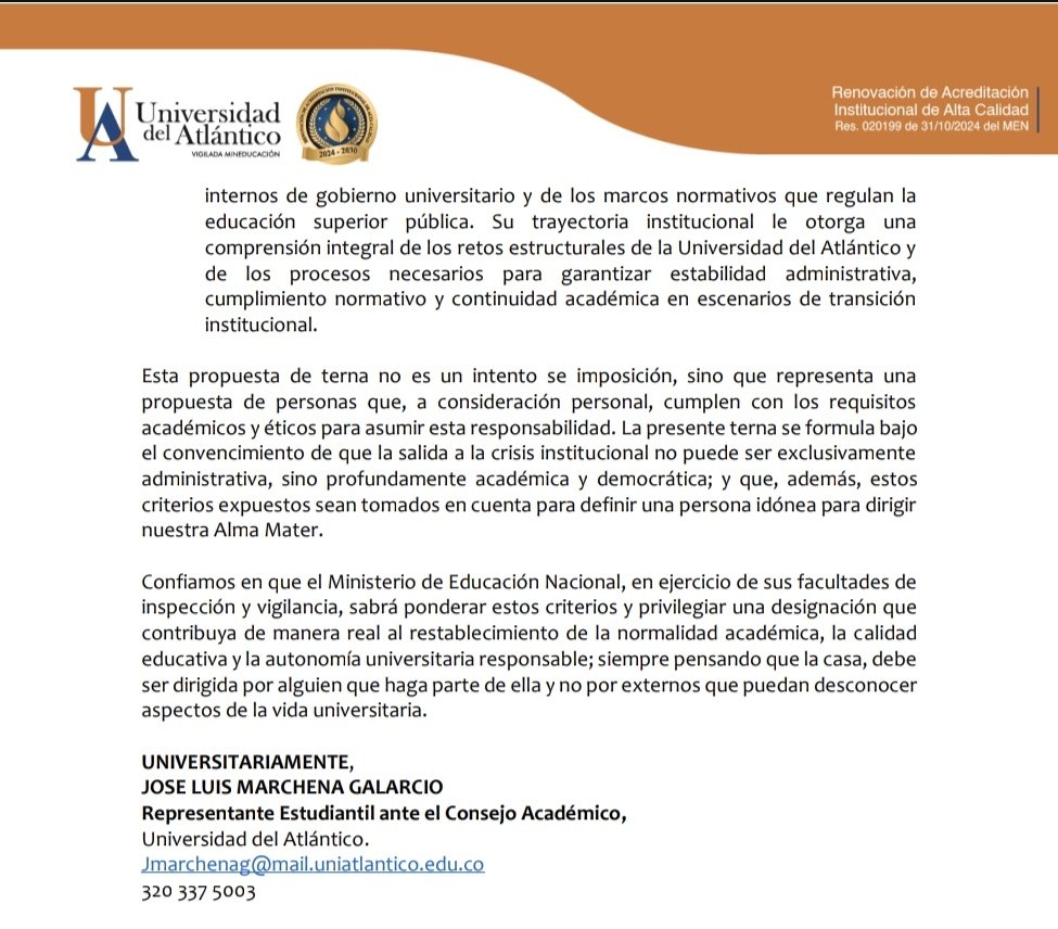 MarchenaJose__'s tweet photo. En relación a la situación de la @udeatlantico 
Presento esta carta abierta al @Mineducacion, al Sr @DanielRMed y al presidente @petrogustavo

Nuestro Claustro Académico necesita un docente que sea de la Casa, para lograr avanzar como universidad y en un proceso constituyente https://t.co/xWNQowD6d9