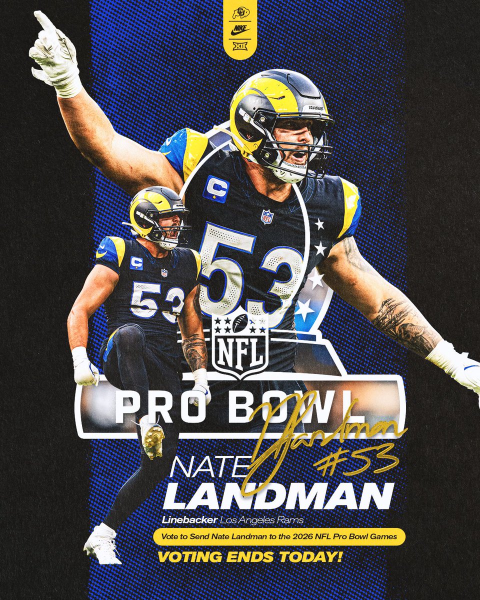 CUBuffsFootball's tweet image. Let’s send Nate LAndman to the 2026 Pro Bowl! 💪 

ALL VOTES COUNT AS DOUBLE TODAY!

1 Repost = 2 Votes

#ProBowlVote + @_Nate_Landman