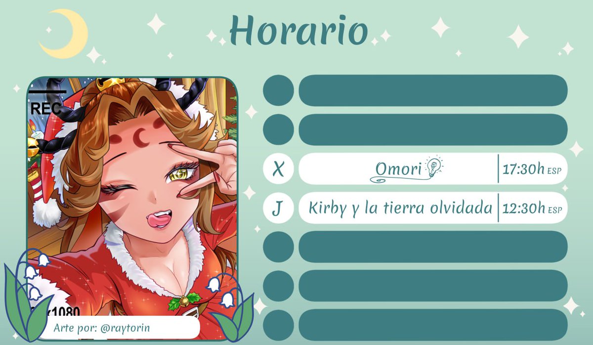 Holiwis mochinejos, sowy que hoy e estado en las nubes y se me olvidaba poner el horario de la semanita
Nos vemos el miércoles para seguir omori y el jueves para si o si empezar el kirby