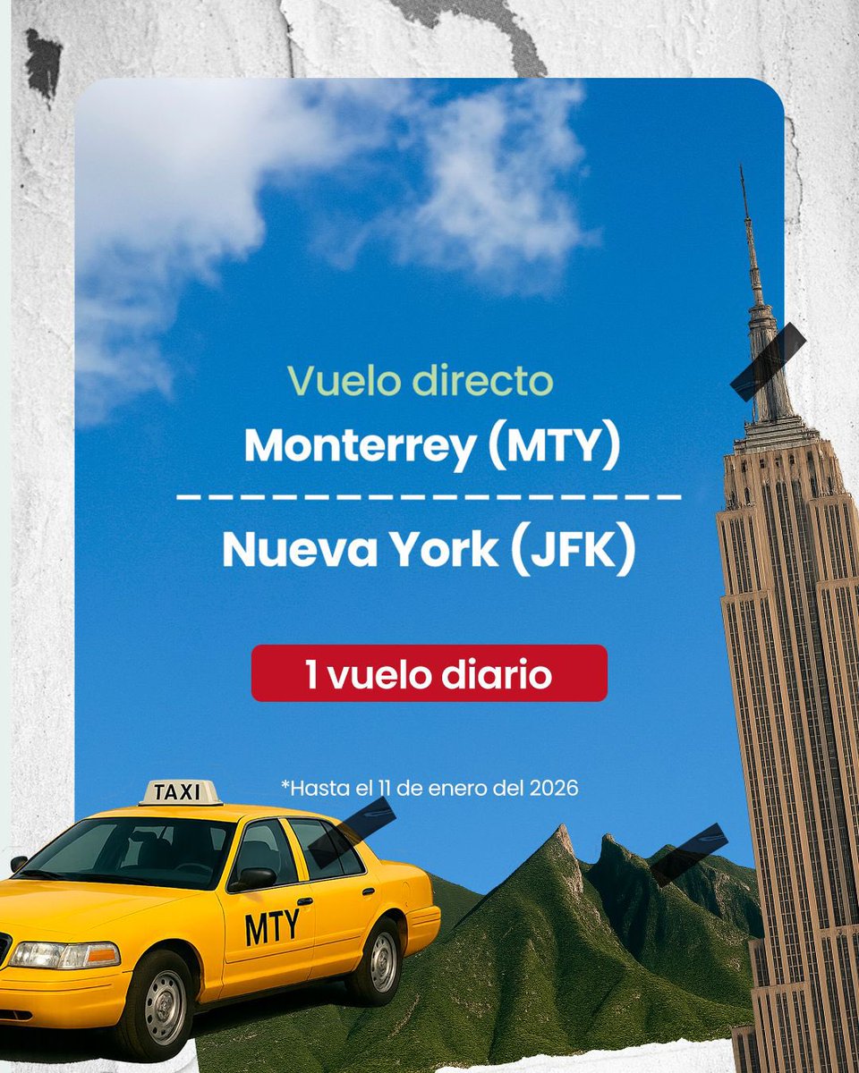 JCZuazua's tweet photo. Hoy, Monterrey y Nueva York están más cerca con el inicio de nuestra nueva ruta directa. Seguimos conectando a nuestros pasajeros con los mejores destinos para pasar una temporada navideña inolvidable ✈️ https://t.co/1i3ZM7kMy8