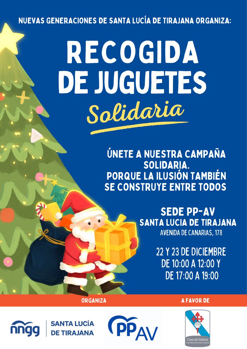 AVSantaLucia's tweet photo. Recogida Solidaria de Juguetes
Nuevas Generaciones estamos organizando una recogida de juguetes solidaria los días 22 y 23 de diciembre, en el siguiente horario:
🕙 De 10:00 a 12:00
🕔 De 17:00 a 19:00

✨ Por una Navidad donde todos los niños puedan recibir sus regalos ✨
🎁🧸💙 https://t.co/NK9AmarfvG