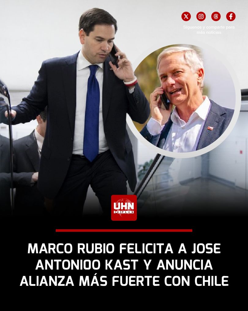 🇺🇸🇨🇱‼️ | ÚLTIMA HORA — El secretario de Estado Marco Rubio felicitó por teléfono al presidente electo José Antonio Kast y afirmó que Estados Unidos reforzará su alianza con Chile, con foco en más cooperación económica y en poner fin a la inmigración ilegal en la región.
