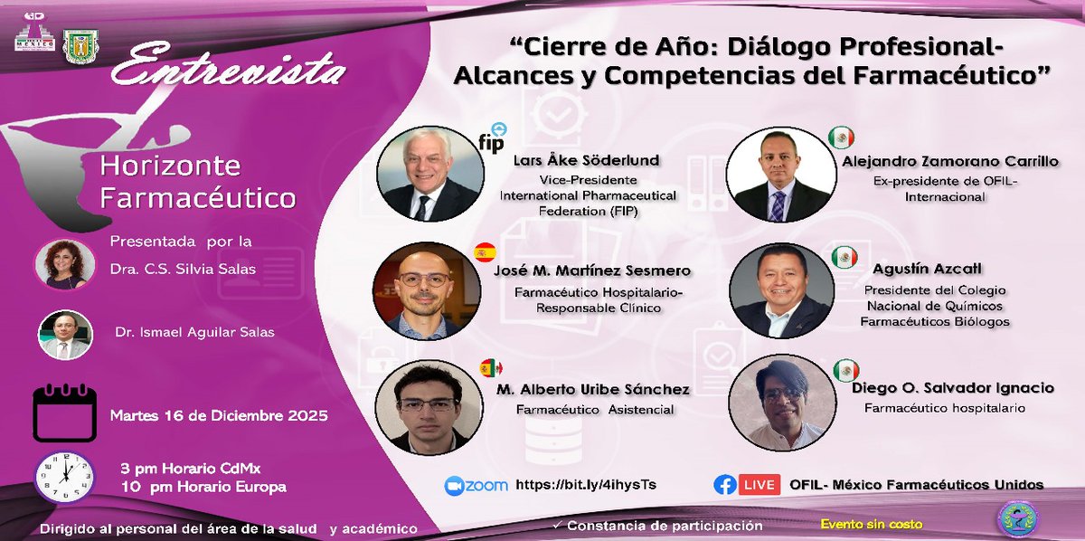 🥼🏥🔴🔵El día de mañana tenemos un diálogo profesional donde participarán 5 Personalidades internacionales de la farmacia y yo ♥️.

🥼No se lo pierdan.

#atenciónfarmacéutica #Serviciosfarmaceuticosasistenciales #farmacia #FarmaciaComunitaria #FarmaciaHospitalaria #México