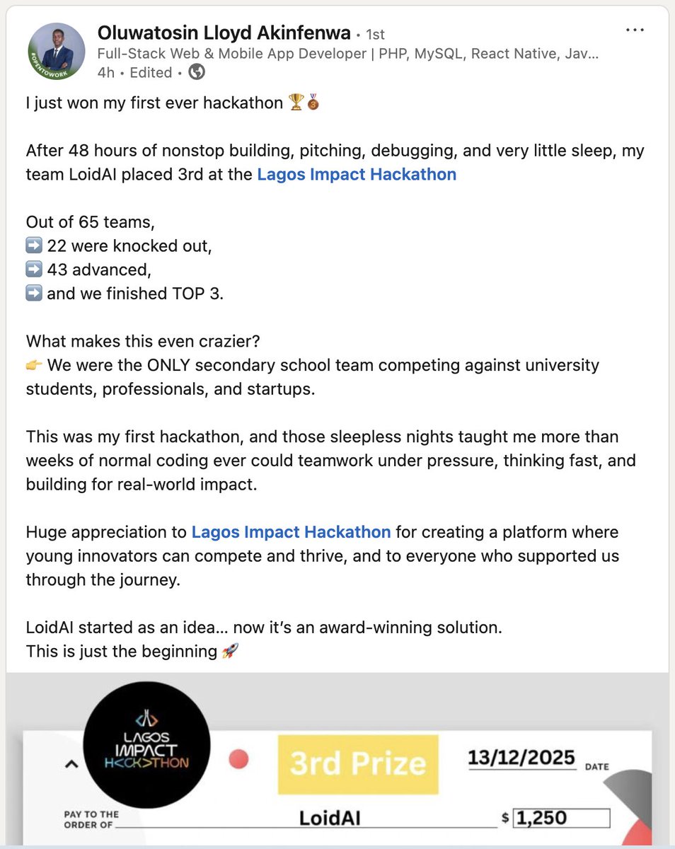 Hmmm! Tosin, looking back at the kind of exemplary leader you have become gives me so much joy.

Oluwatosin Lloyd Akinfenwa joined AYITI when he was just 12 years old, and you will be amazed at what he is building and the things he has already achieved. News like this fills my
