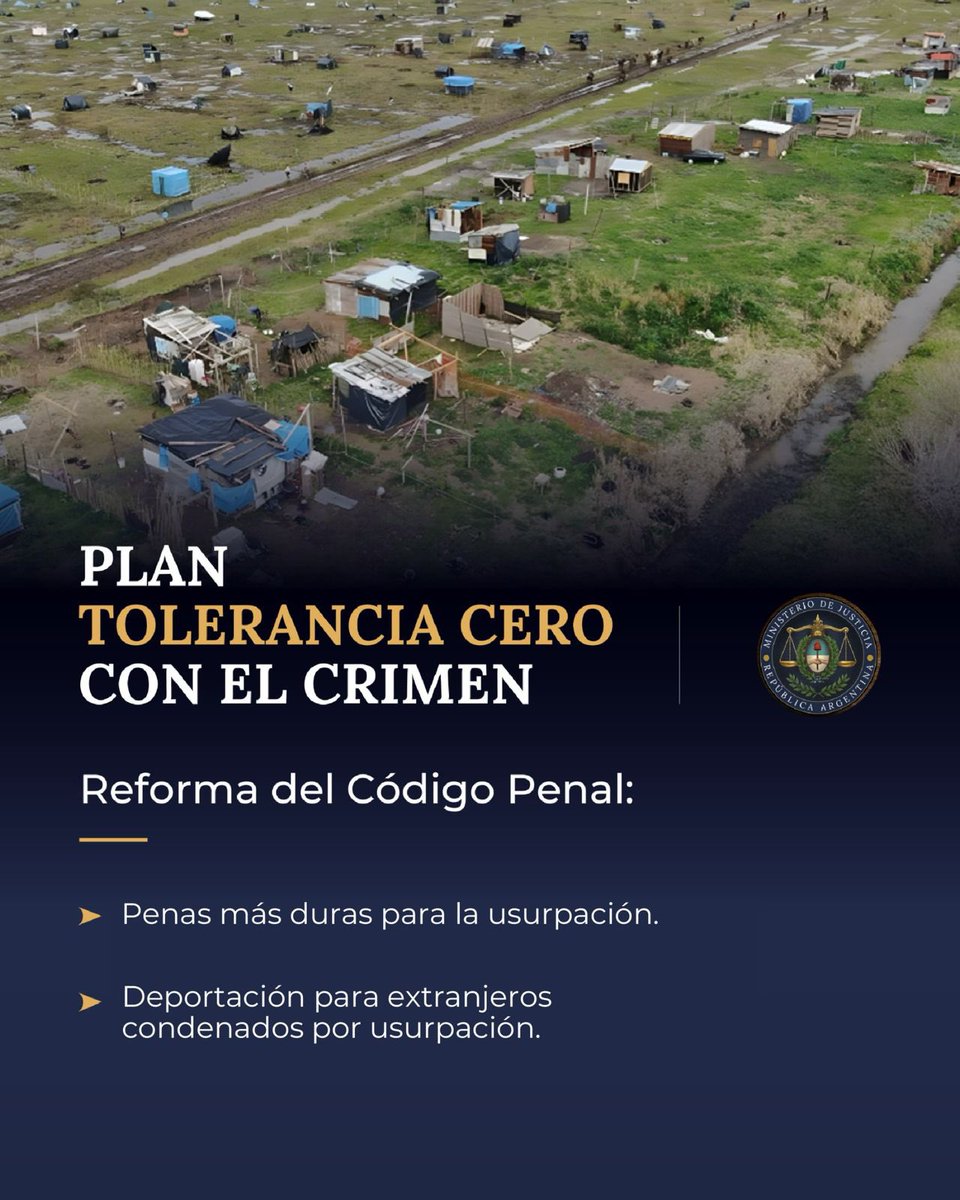 MinJusticia_Ar's tweet photo. Dentro del marco del Plan Tolerancia Cero con el Crimen, desde el Ministerio de Justicia impulsamos la Reforma del Código Penal, que endurece de forma severa las penas por usurpación, para que los delincuentes vayan efectivamente a prisión y no sean beneficiados con una condena en suspenso. 

Además, los extranjeros que cometan este delito y resulten condenados, serán deportados.