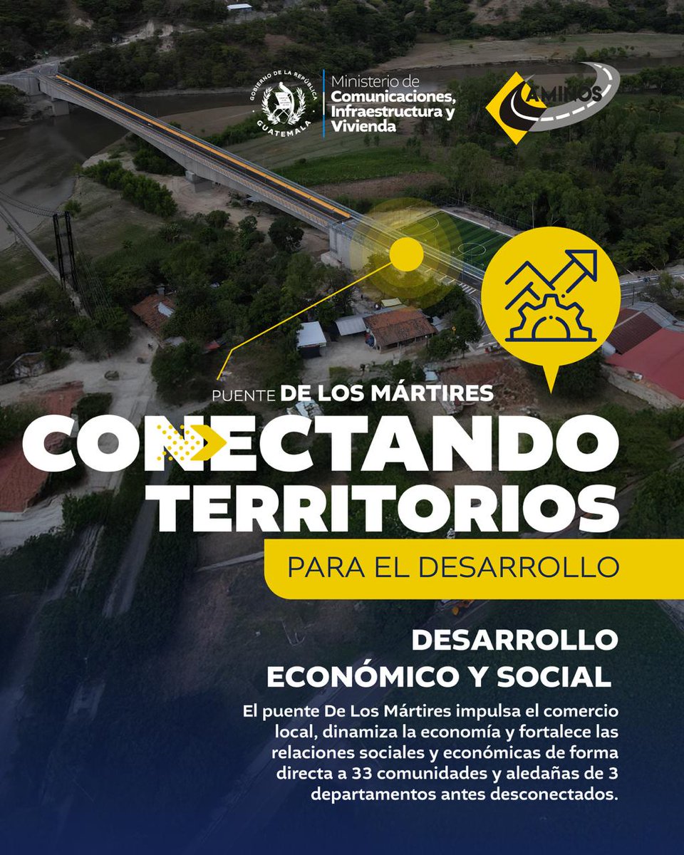 CIV_Guatemala's tweet photo. 📈 Infraestructura que impulsa la economía local
El Puente De Los Mártires dinamiza el comercio, fortalece la integración social y conecta directamente a 33 comunidades de 3 departamentos antes aislados. 🤝
#PuenteDeLosMártires #PlanConecta2025 #AlPuebloDignoSeLeResponde https://t.co/ZdkmhYxTzv