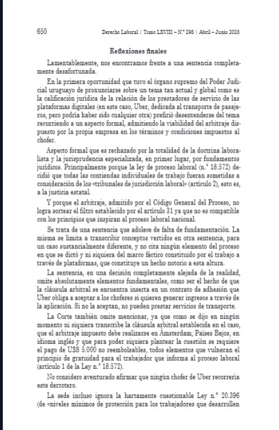 Nicolas_Pizzo's tweet photo. Nuevo artículo en la Revista Derecho Laboral N° 298, comentando la sentencia de la Suprema Corte de Justicia N° 536/2025 de 8 de mayo de 2025. 

Una sentencia desafortunada que admitió la validez de la cláusula arbitral impuesta por Uber a sus choferes. https://t.co/txBDtylgwI
