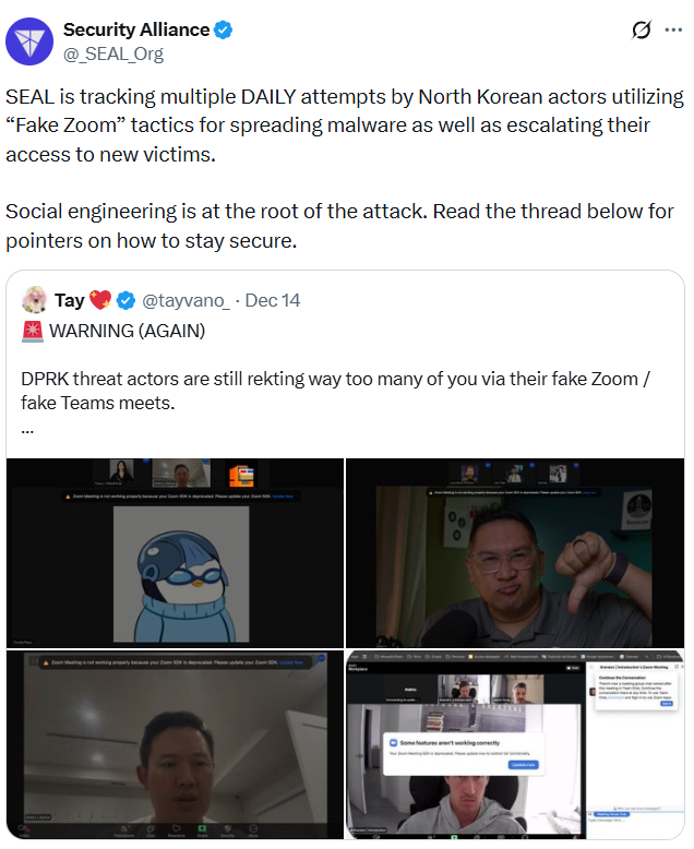 RipBullWinkle's tweet photo. ⚠️ SECURITY ALERT: North Korean hackers are targeting crypto users via fake Zoom meetings to steal private keys and passwords, warns Security Alliance. As adoption accelerates, attacks scale too. Secure your wallets, enable 2FA, and stay sharp. This is the cost of real adoption. https://t.co/JWbHvWaaBi