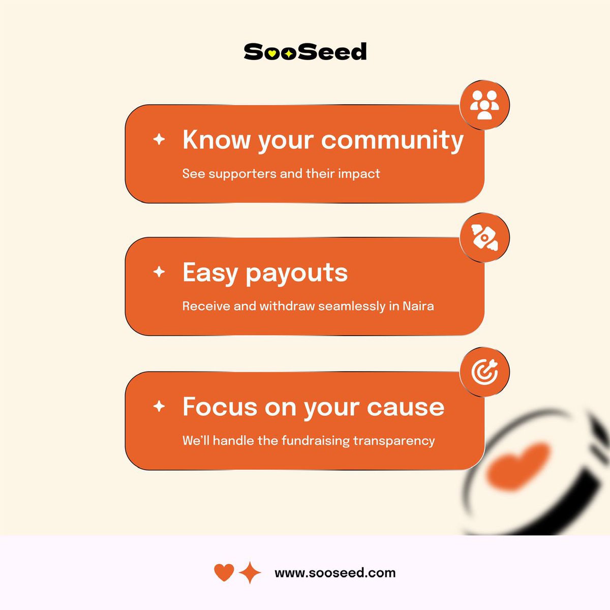 Fundraising shouldn’t be complicated. Here’s why creators choose Sooseed 👇

⚡️ One simple link  
⚡️ Secure payments  
⚡️ Know your supporters  
⚡️ Easy Naira payouts  

No stories. No stress. Just impact.  

🔗 Start Here: sooseed.com  

#Sooseed #CrowdFundingAfrica