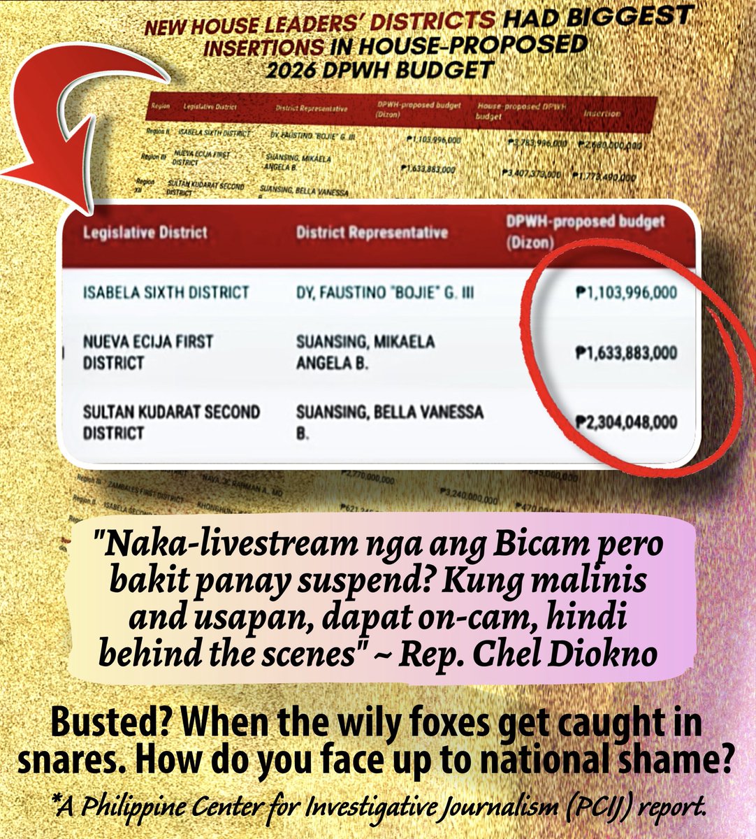 House Speaker “Bojie” Dy’s district, Isabela, is the top recipient of P23 B in INSERTIONS in the House-proposed 2026 DPWH budget.

The districts of House leaders N. Ecija Rep. Mikaela Suansing &amp; her sister, Sul Kudarat Rep. Bella Suansing, ranked 2nd &amp; 3rd, respectively”

#PCIJ