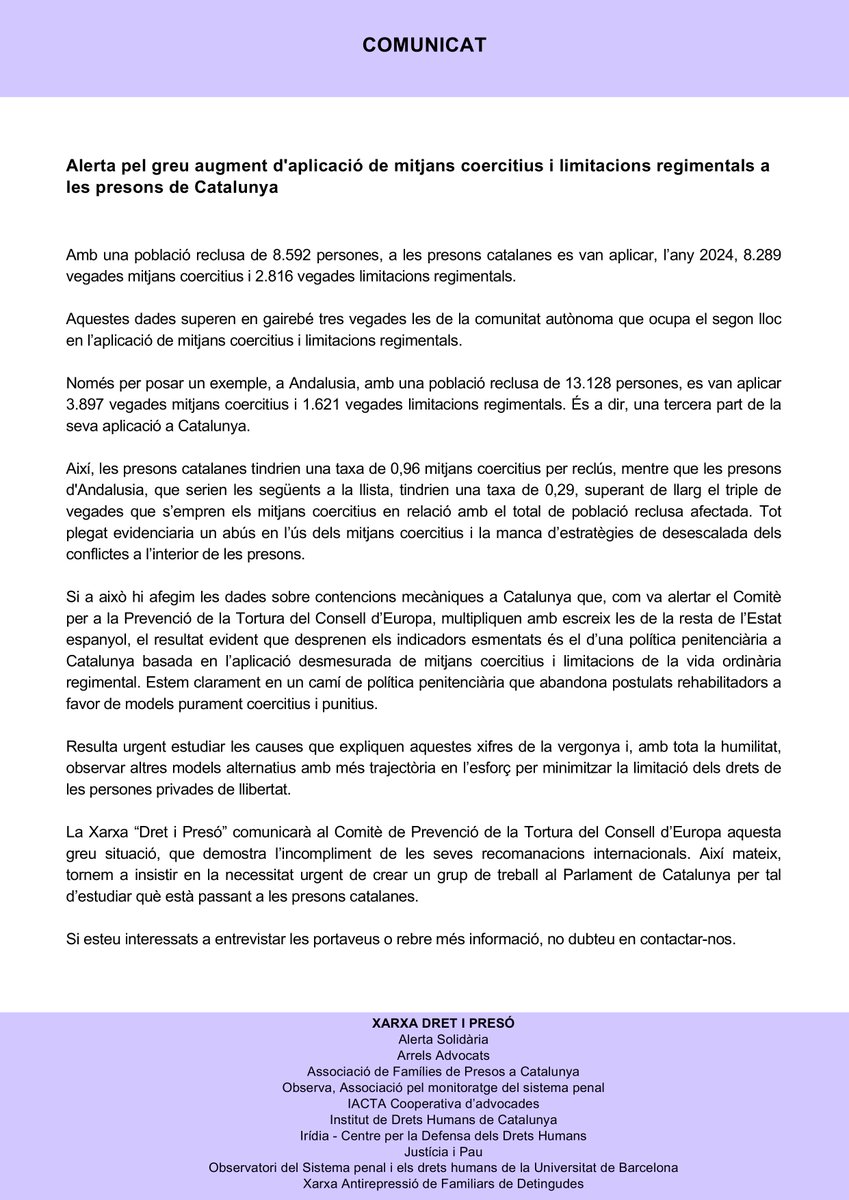 OSPDH1's tweet image. 🔴Atenció! Increment en l’aplicació de mitjans coercitius a les presons de Catalunya: es multiplica per 4 i 5 respecte a la resta de presons de l’Estat. Més de 8.200 aplicacions només el 2024, fet que confirma la tendència cap a un model penitenciari d’extrema duresa. 🔴
