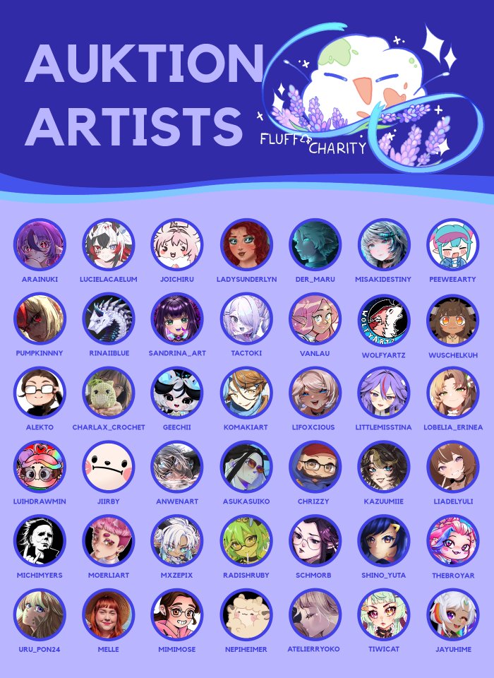 🖌️Dürfen wir vorstellen?🖌️

Wir dürfen euch stolz unsere Artists präsentieren, die sich anlässlich unseres diesjährigen Fluffevents bzw. der Auktion mit ihren Commissions Slots aufstellen lassen!

Weitere Infos zur Auktion und Zeiten folgen hier:

link.fluffcharity.de