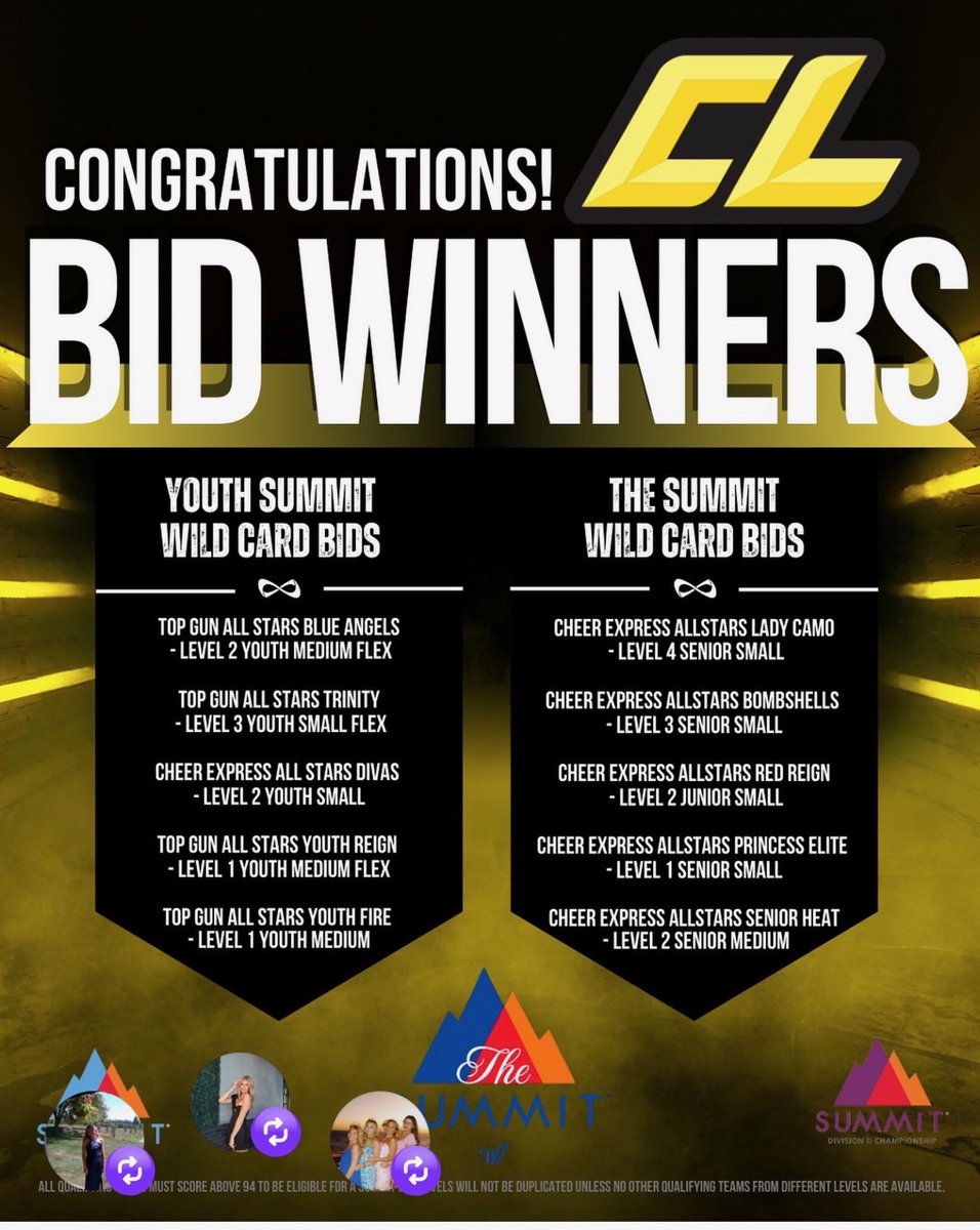 CheerExpressFla's tweet image. Congratulations to all our teams who competed at The Champions League this weekend in Ft. Lauderdale. Princess Elite was the Level 1 Grand Champ; Bombshells was Level 3; and, Lady Camo was Level 4. So awesome! Below are the Summit Bid Winners.